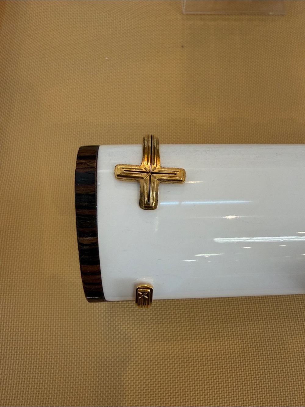 Virgins Saints & Angels White Ceramic Cylinder with Gold Cross Accents